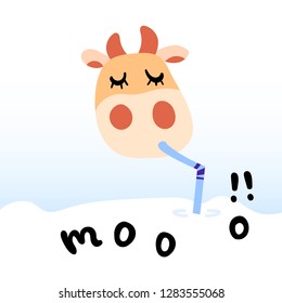 Vector illustration, flat cartoon cow drinking milk with straw. Hand drawn. With "MOO!!" lettering. Applicable for package, poster, label designs, banners, flyers etc.