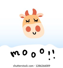 Vector illustration, flat cartoon cow with milk. Hand drawn. With "MOO!!" lettering. Applicable for package, poster, label designs, banners, flyers etc.