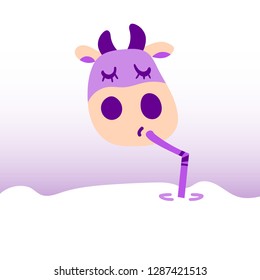 Vector illustration, flat cartoon cow drinking milk with straw. Hand drawn, in violet colors. Applicable for package, poster, label designs, banners, flyers etc.