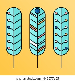 Vector illustration of flat cartoon feathers, bright children's style, primitive drawing. Indian party decor, decoration of banners and banners.
