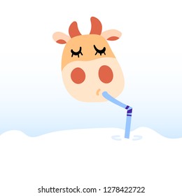 Vector illustration, flat cartoon ginger cow drinking milk with straw. Hand drawn with gradient. Applicable for package, poster, label designs, banners, flyers etc.