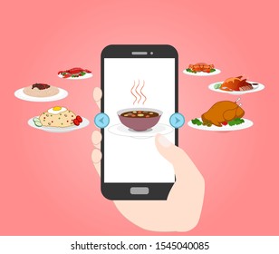 vector illustration of a flat cartoon hand holding a smart phone with a food menu display that can be selected to order. An overview of food ordering applications via the internet.