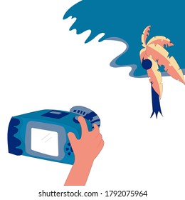 Vector illustration flat cartoon hand holding digital camera with blank screen,take a photo, picture  of sea view with coconut tree with white background, Objects isolated on a white background