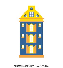 Vector illustration with flat cartoon house for city or town design. Urban landscape background. Exterior facade building. Colorful old, retro and modern house icon