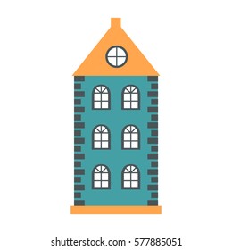 Vector illustration with flat cartoon house for city or town design. Urban landscape background. Exterior facade building. Colorful old, retro and modern house icon
