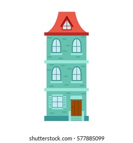 Vector illustration with flat cartoon house for city or town design. Urban landscape background. Exterior facade building. Colorful old, retro and modern house icon