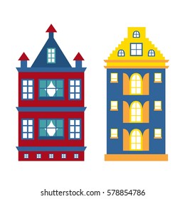 Vector illustration with flat cartoon house for city or town design. Urban landscape background. Exterior facade building. Colorful old, retro and modern house icon