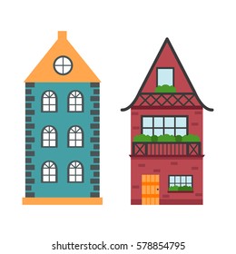 Vector illustration with flat cartoon house for city or town design. Urban landscape background. Exterior facade building. Colorful old, retro and modern house icon