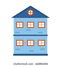 Vector illustration with flat cartoon house for city or town design. Urban landscape background. Exterior facade building. Stone house icon