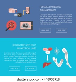 Vector illustration, flat cartoon icons on future medicine theme. Neural network diagnostic, nanorobot in blood, portable blood test and ulrtasonography. Vector future medical technology icon