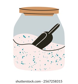 Vector illustration of flat cartoon jar with scoop inside, filled with laundry detergent powder. Modern minimalist design, cleaning product, bathroom organization, and household decor