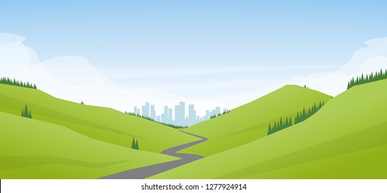 Vector illustration: Flat cartoon Landscape with road leading through the hills to the city or metropolis.