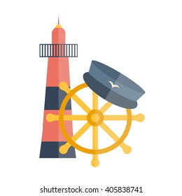 Vector illustration with flat cartoon lighthouse, captain hat, ship wheel. Cartoon background for cruise company design or travel vacation logo. Nautical yachting illustration. Flat cruise design