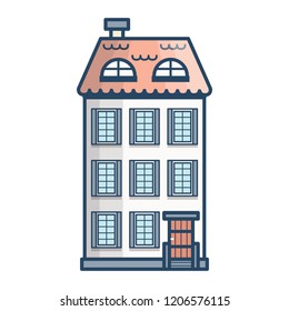 Vector illustration with flat cartoon line house. City, town design. Urban landscape background. Exterior facade building. Colorful old, retro and modern front view house icon