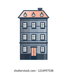 Vector illustration with flat cartoon line house. City, town design. Urban landscape background. Exterior facade building. Colorful old, retro and modern front view house icon