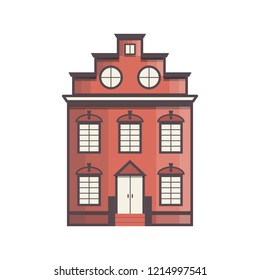 Vector illustration with flat cartoon line house. City, town design. Urban landscape background. Exterior facade building. Colorful old, retro and modern front view house icon