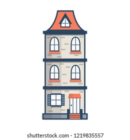 Vector illustration with flat cartoon line house. City, town design. Urban landscape background. Exterior facade building. Colorful old, retro and modern front view house icon
