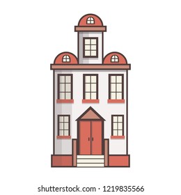 Vector illustration with flat cartoon line house. City, town design. Urban landscape background. Exterior facade building. Colorful old, retro and modern front view house icon