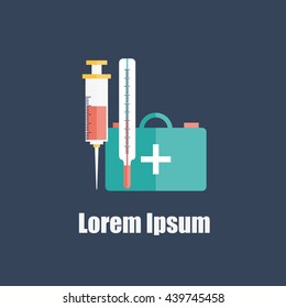 Vector illustration with flat cartoon medical background. First aid kit, syringe, thermometer. Template for infographic, card, poster. Healthcare and health exams concept
