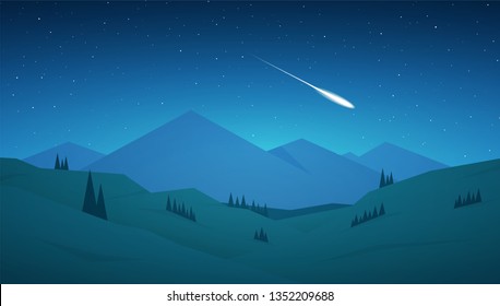 Vector Illustration: Flat Cartoon Night Mountains Landscape With Hills, Stars And Meteor On The Sky.