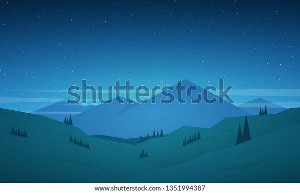 ベクターイラスト 空に丘と星を持つ平らな漫画の夜山景色 のベクター画像素材 ロイヤリティフリー