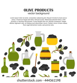 Vector illustration with flat cartoon oil bottle and olive branch. Italy, Greece, mediterranean cuisine. Extra virgin vector olive oil background. Organic healthy oil. Olive background for food design