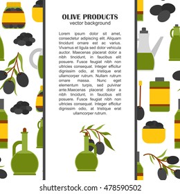 Vector illustration with flat cartoon oil bottle and olive branch. Italy, Greece, mediterranean cuisine. Extra virgin vector olive oil background. Organic healthy oil. Olive background for food design