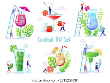 Vector illustration with flat cartoon people characters, bartender, making bright and tasty summer cocktail using the bartender’s tools. DIY homemade cocktail recipes with tropical leaves and fruits.