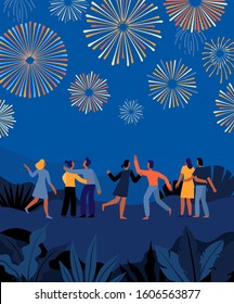 Vector illustration in flat cartoon simple style with characters - people watching fireworks exploding in the night sky