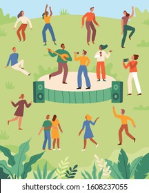 Vector illustration in flat cartoon simple style with characters - open air music summer festival - happy people dancing and band performing in the park  