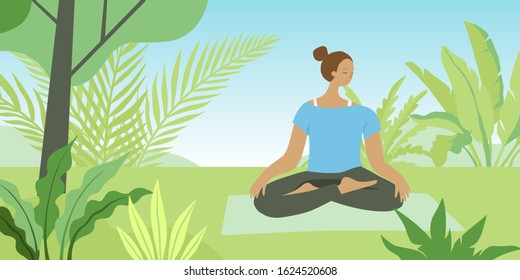 Vector illustration in flat cartoon simple style with character -  girl meditating in lotus pose among plants and grass outdoors