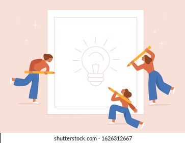 Vector illustration in flat cartoon simple style with characters - female  creative team working on design concept - girls holding pencils and drawing on paper. Graphic design concept 
