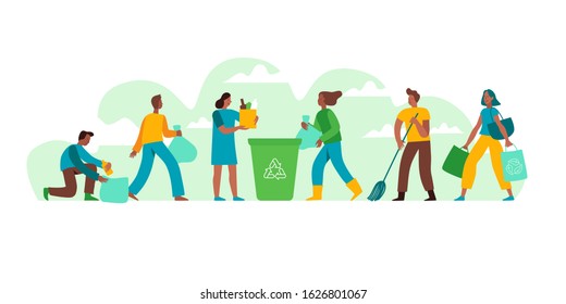 Vector illustration in flat cartoon simple style with characrters - recycling and ecology concept - people cleaning earth from trash and plastic - illustration for banner, landing page or greeting car
