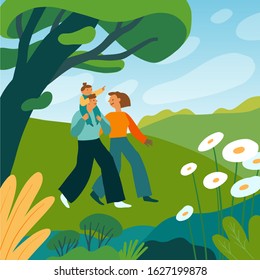 Vector illustration in flat cartoon simple style with characters -  happy family spending time in summer park - smiling parents and a kid