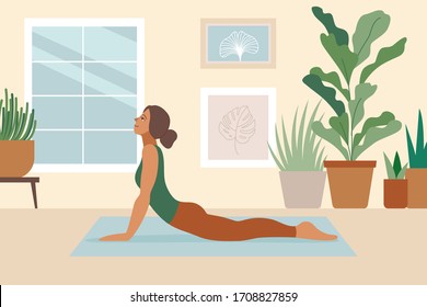 Vector illustration in flat cartoon simple style with character - woman doing yoga during lockdown and coronavirus quarantine - stay at home and exercise
