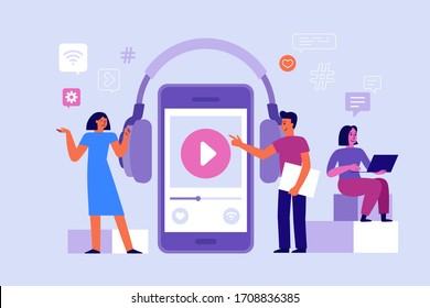 Vector illustration in flat cartoon simple style with characters - podcasting concept - podcast series and broadcasting app, interviews and radio hosts interviewing guests