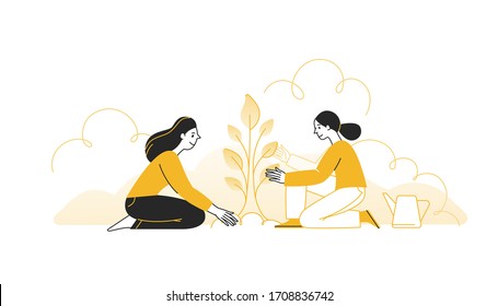 Vector illustration in flat cartoon simple style with characters - women planting a small tree - business growth and development concept