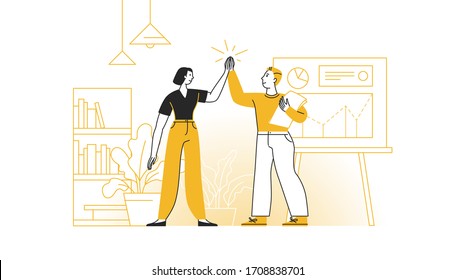 Vector illustration in flat cartoon simple style with characters - teamwork and successful partnership concept - man and woman clapping hands in high five
