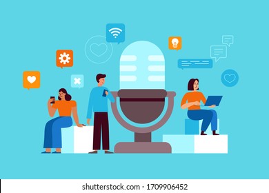 Vector Illustration In Flat Cartoon Simple Style With Characters - Podcasting Concept - Podcast Series And Broadcasting App, Interviews And Radio Hosts Interviewing Guests