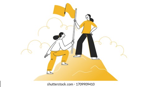 Vector illustration in flat cartoon simple style with characters - women climbing to the top of the mountain with a flag - business competition and challenge concept 