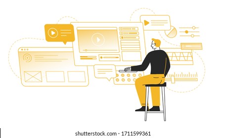 Ilustración vectorial en estilo sencillo de caricatura plana con carácter - diseño de aplicaciones e interfaces y concepto de desarrollo - diseñador y programador sentados en pantallas virtuales y navegador