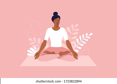 Vector illustration in flat cartoon simple style with character - woman doing yoga during lockdown and coronavirus quarantine - stay at home and exercise