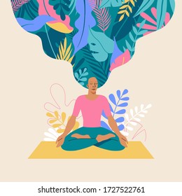 Ilustración vectorial en dibujos planos estilo simple con personaje - mujer haciendo yoga durante el bloqueo y la cuarentena del coronavirus - quédese en casa y haga ejercicio