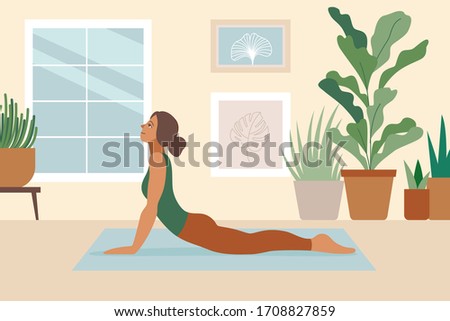 Vector illustration in flat cartoon simple style with character - woman doing yoga during lockdown and coronavirus quarantine - stay at home and exercise