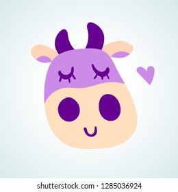 Vector illustration, flat cartoon smiling violet cow face. Hand drawn. Applicable for package, poster, label designs, banners, flyers etc.