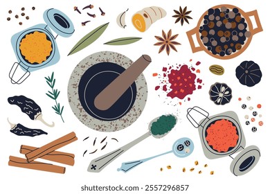 Vector illustration of flat cartoon spice collection with mortar, pestle, and colorful ingredients like cloves, cinnamon, turmeric, star anise. Perfect for food design, seasoning, and kitchen decor