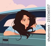 Vector illustration in flat cartoon style. A pretty young woman drives in a car at speed and looks out the window. Her long hair flutters in the wind. Summer romantic season, time for travel.