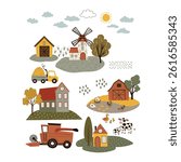 Vector illustration in flat cartoon style. Farm poster with barn, shed, windmill, combine harvester, tractor, cows, horses, sheep, and trees. Isolated on white. Fun and educational design for kids.