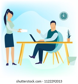 Vector illustration in flat cartoon style. Boss is sitting at a desk with computer and a secretary giving a paper for a signature. 