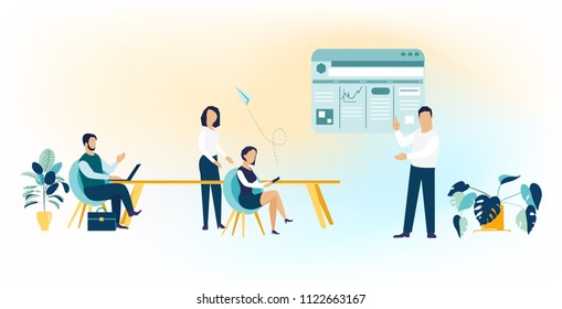 Vector illustration in flat cartoon style. Business teamwork meeting brainstorm and working concept. Planning project marketing. Sharing ideas, preparing presentation.